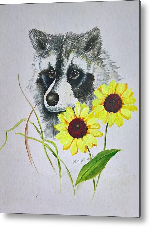 Raccoons Metal Print featuring the painting Bandit and the Sunflowers by ML McCormick