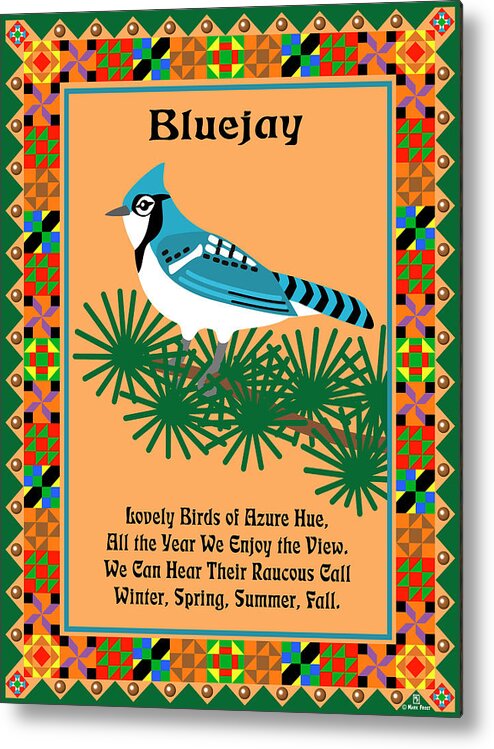 Blue Jay Poem Quilted Border Metal Print featuring the digital art Blue Jay Quilt by Mark Frost
