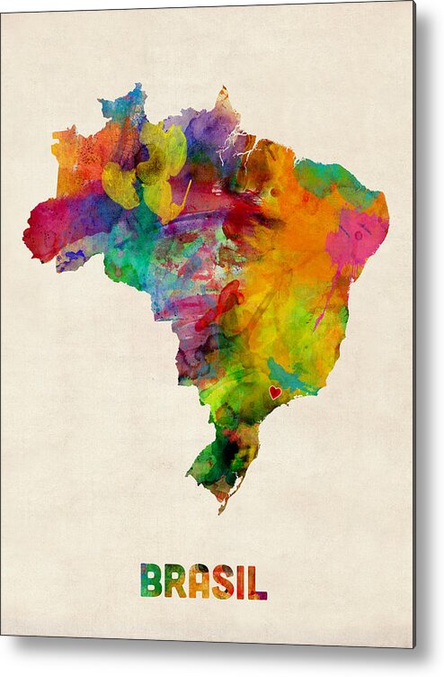 Brazil Metal Print featuring the digital art Brazil Watercolor Map Custom Heart by Michael Tompsett