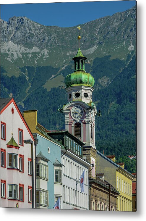 Austria Metal Print featuring the photograph Clock Tower of Innsbruck by Marcy Wielfaert