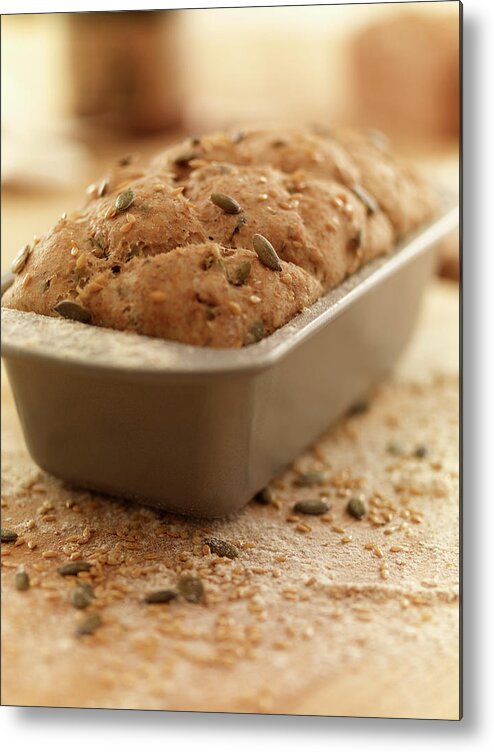 Close Up Of Rustic Bread In Loaf Pan Metal Print by Adam Gault 