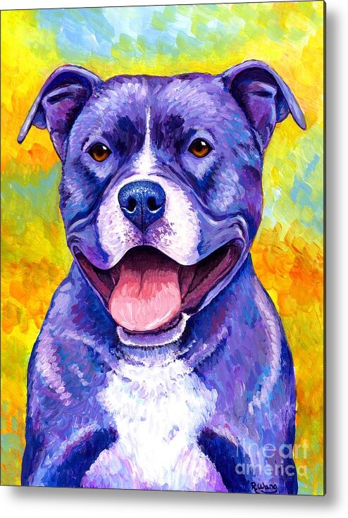Pitbull Metal Print featuring the painting Peppy Purple Pitbull Terrier Dog by Rebecca Wang