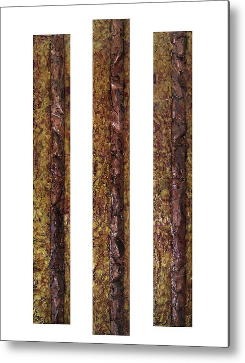 Gold Metal Print featuring the mixed media Copper and Gold Triptych by Christopher Schranck