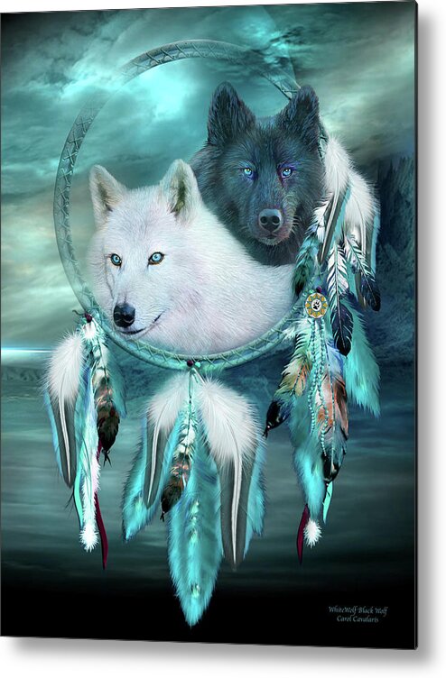 Carol Cavalaris Metal Print featuring the mixed media Dream Catcher - White Wolf Black Wolf by Carol Cavalaris