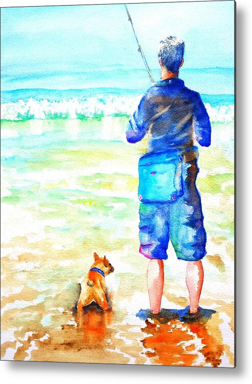 Surf Fishing Metal Print featuring the painting Fisherman and Dog at the Beach by Carlin Blahnik CarlinArtWatercolor