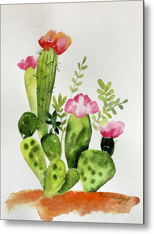 Cactus Metal Print featuring the painting Flowering Cactus by Hilda Vandergriff