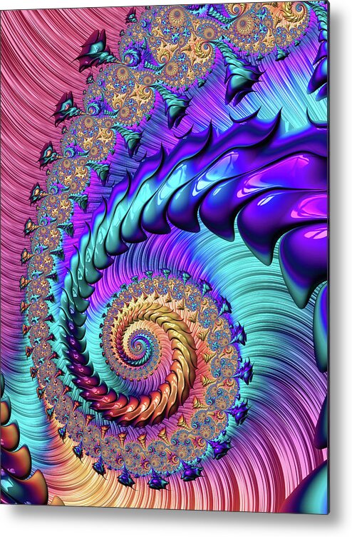 Fractal Metal Print featuring the digital art Fractal Spiral purple turquoise red by Matthias Hauser