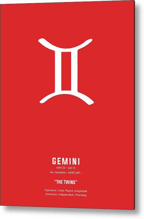 Gemini Metal Print featuring the mixed media Gemini Print - Zodiac Signs Print - Zodiac Posters - Gemini Poster - Red and White - Gemini Traits by Studio Grafiikka