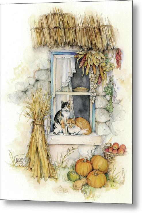 Harvest Cats Metal Print featuring the painting Harvest Cats by Kim Jacobs