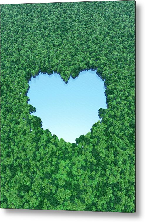 Environmental Conservation Metal Print featuring the digital art Heart Shaped Lake In Forest by I-works/amanaimagesrf