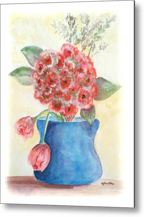Vase Metal Print featuring the painting Hydrangea and Roses by Claudette Carlton