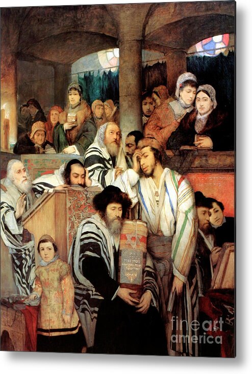 Oil Painting Metal Print featuring the drawing Jews Praying In The Synagogue On Yom by Heritage Images