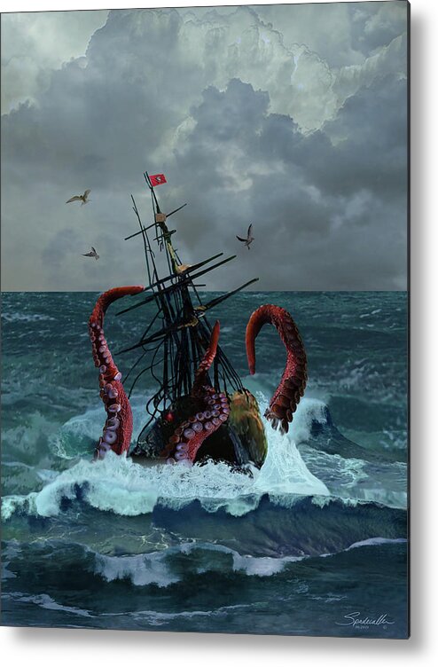 Seascape Metal Print featuring the digital art Kraken Sinks Folly Dodger by M Spadecaller