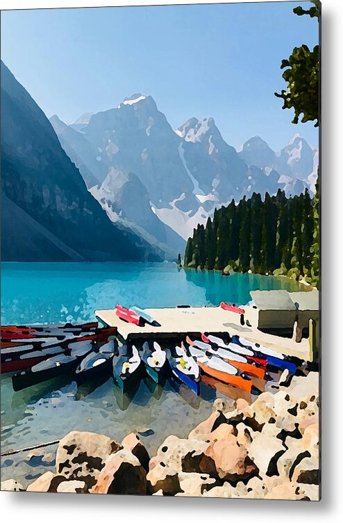 Moraine Lake Metal Print featuring the photograph Moraine Lake Canoes by Tom Johnson