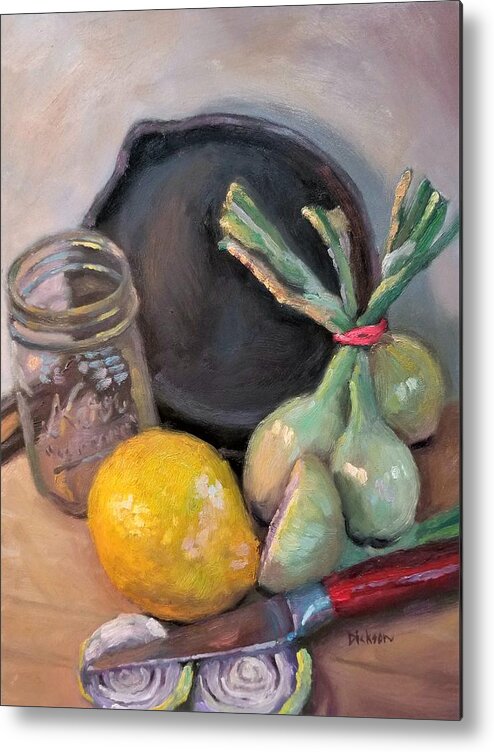 Oil Paintng Metal Print featuring the painting Lemon and onions by Jeff Dickson