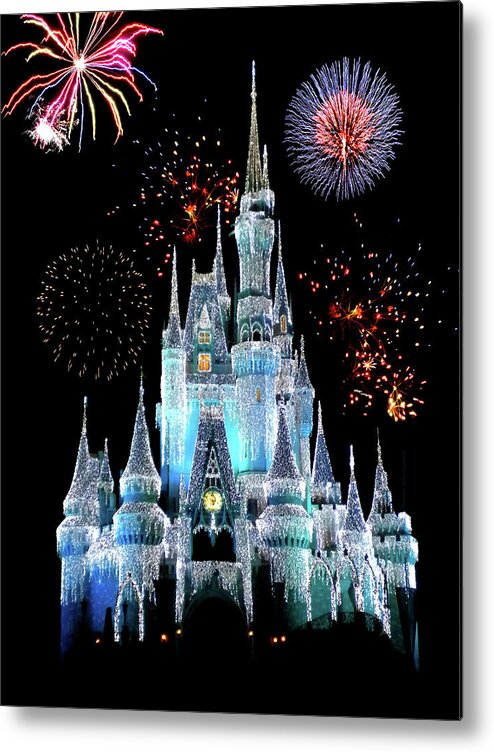 Castle Metal Print featuring the photograph Magic Kingdom Castle In Frosty Light Blue with Fireworks 06 by Thomas Woolworth
