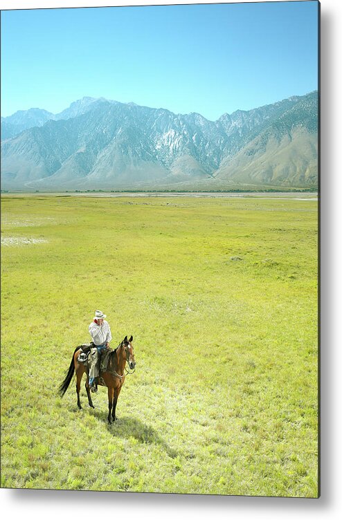 One Man Only Metal Print featuring the photograph Mature Cowboy On Arabian Horse Using by Stephen Swintek