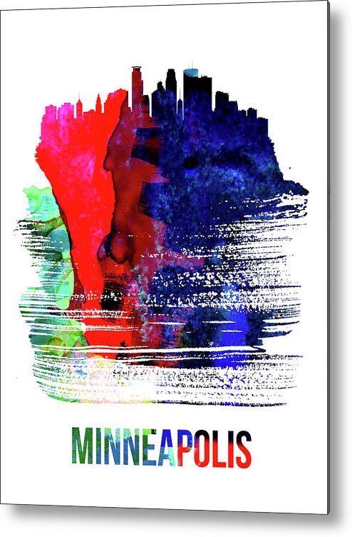 Minneapolis Metal Print featuring the mixed media Minneapolis Skyline Brush Stroke Watercolor  by Naxart Studio