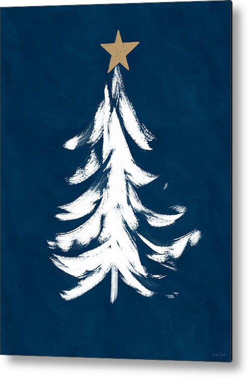 Christmas Metal Print featuring the mixed media Navy and White Christmas Tree 1- Art by Linda Woods by Linda Woods
