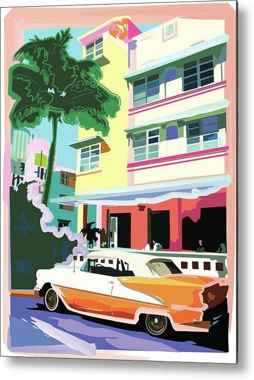 Funky Metal Print featuring the digital art Ocean Drive Hotel With Roadster by Shellpreast