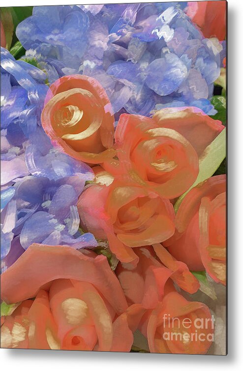 Abstract Metal Print featuring the photograph Orange rose and blue flower pastel by Phillip Rubino