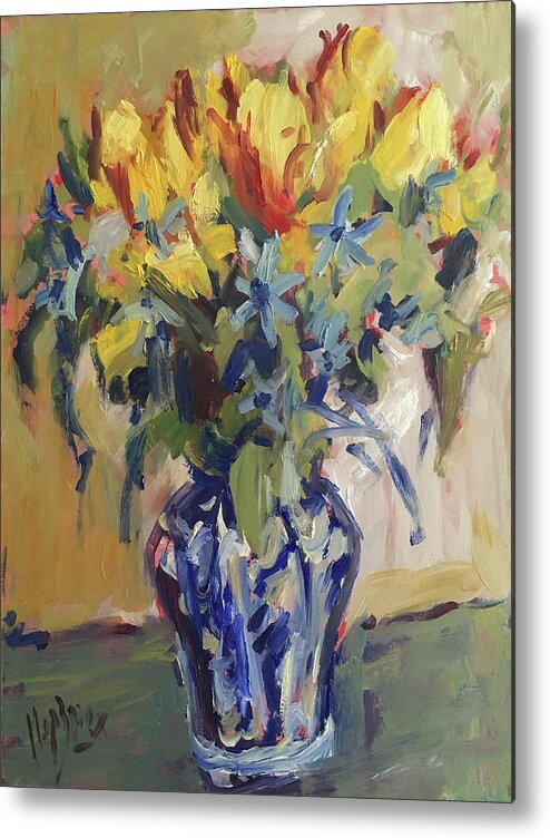 Tulip Metal Print featuring the painting Parrot tulips in Delft blue vase by Nop Briex