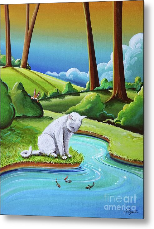 White Cat Metal Print featuring the painting Peter Sees A Cat by Cindy Thornton