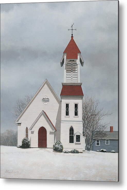 White Church With Steeple In The Snow Metal Print featuring the painting Pigeon Cove Chapel by David Knowlton
