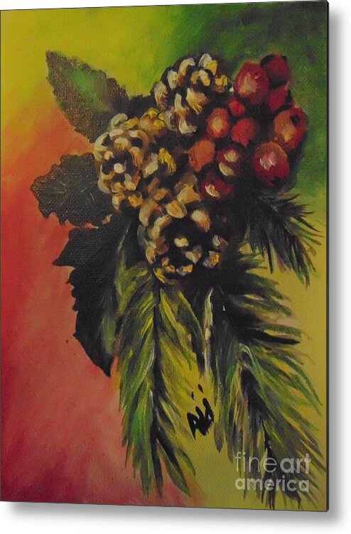 Christmas Metal Print featuring the painting Pine Cones and Berries by Saundra Johnson