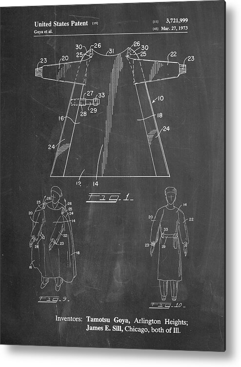 Pp1074-chalkboard Surgical Gown Patent Print Metal Print featuring the digital art Pp1074-chalkboard Surgical Gown Patent Print by Cole Borders