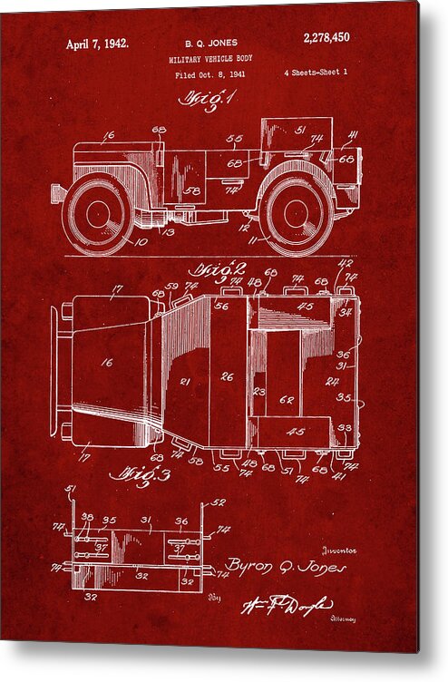 Pp11-burgundy Willy's Jeep Patent Poster Metal Print featuring the digital art Pp11-burgundy Willy's Jeep Patent Poster by Cole Borders