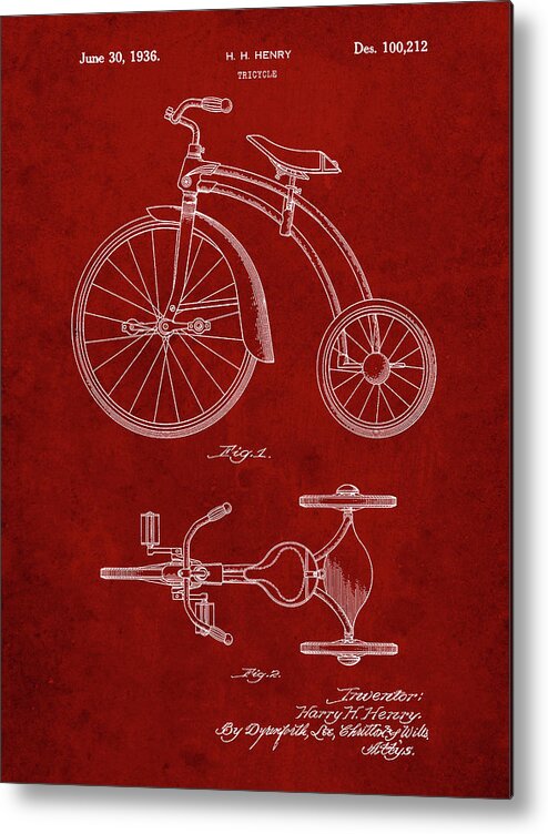 Pp1114-burgundy Tricycle Patent Poster Metal Print featuring the digital art Pp1114-burgundy Tricycle Patent Poster by Cole Borders