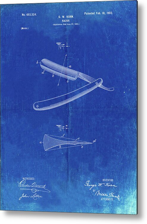 Pp1178-faded Blueprint Straight Razor Patent Poster Metal Print featuring the digital art Pp1178-faded Blueprint Straight Razor Patent Poster by Cole Borders