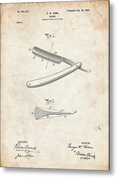 Pp1178-vintage Parchment Straight Razor Patent Poster Metal Print featuring the digital art Pp1178-vintage Parchment Straight Razor Patent Poster by Cole Borders