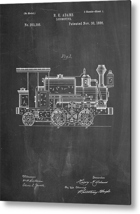 Pp122- Chalkboard Steam Locomotive 1886 Patent Poster Metal Print featuring the digital art Pp122- Chalkboard Steam Locomotive 1886 Patent Poster by Cole Borders