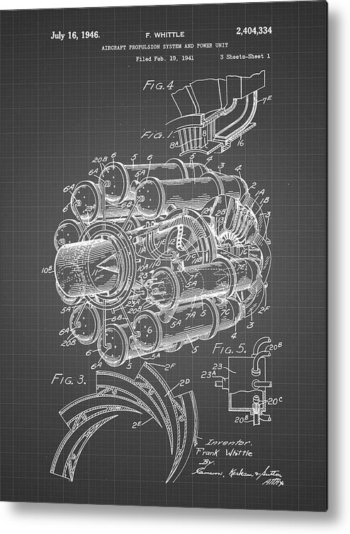 Pp14-black Grid Jet Engine Patent Poster Metal Print featuring the digital art Pp14-black Grid Jet Engine Patent Poster by Cole Borders