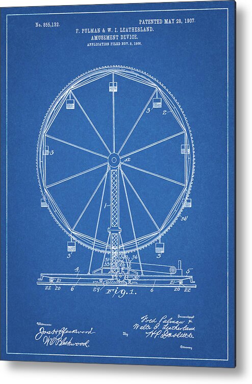 Pp167- Blueprint Ferris Wheel Poster Metal Print featuring the digital art Pp167- Blueprint Ferris Wheel Poster by Cole Borders