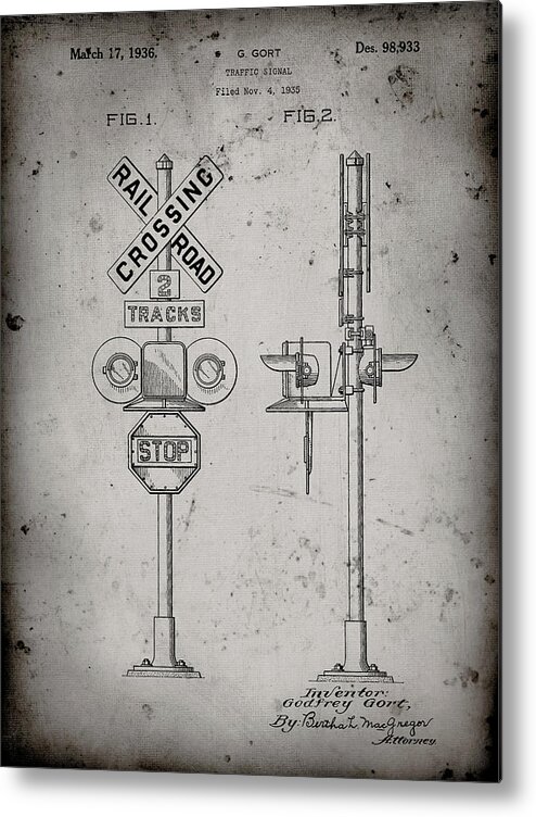 Pp231-faded Grey Railroad Crossing Signal Patent Poster Metal Print featuring the digital art Pp231-faded Grey Railroad Crossing Signal Patent Poster by Cole Borders