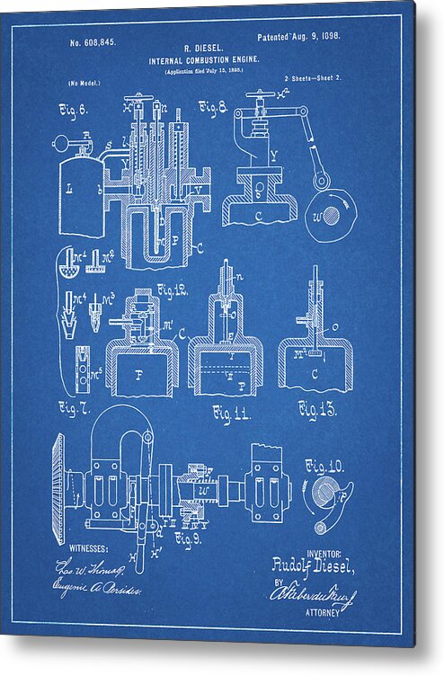 Pp257-blueprint Diesel Engine 1898 Patent Poster Metal Print featuring the digital art Pp257-blueprint Diesel Engine 1898 Patent Poster by Cole Borders