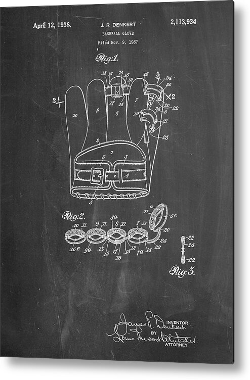 Pp272-chalkboard Denkert Baseball Glove Patent Poster Metal Print featuring the digital art Pp272-chalkboard Denkert Baseball Glove Patent Poster by Cole Borders