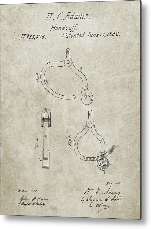 Pp389-sandstone Vintage Police Handcuffs Patent Poster Metal Print featuring the digital art Pp389-sandstone Vintage Police Handcuffs Patent Poster by Cole Borders