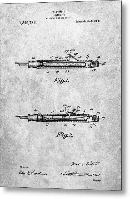 Pp486-slate Houston Fountain Pen Company 1920 Patent Poster Metal Print featuring the digital art Pp486-slate Houston Fountain Pen Company 1920 Patent Poster by Cole Borders