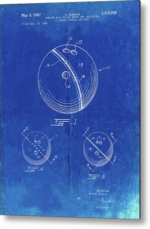 Pp493-faded Blueprint Bowling Ball 1967 Patent Poster Metal Print featuring the digital art Pp493-faded Blueprint Bowling Ball 1967 Patent Poster by Cole Borders