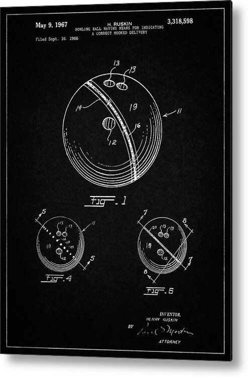 Pp493-vintage Black Bowling Ball 1967 Patent Poster Metal Print featuring the digital art Pp493-vintage Black Bowling Ball 1967 Patent Poster by Cole Borders