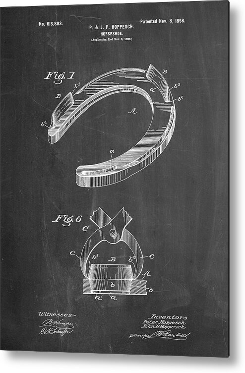 Pp523-chalkboard Horseshoe Patent Poster Metal Print featuring the digital art Pp523-chalkboard Horseshoe Patent Poster by Cole Borders