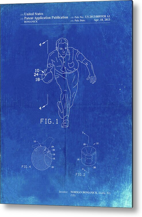 Pp549-faded Blueprint Bowling Ball Patent Poster Metal Print featuring the digital art Pp549-faded Blueprint Bowling Ball Patent Poster by Cole Borders
