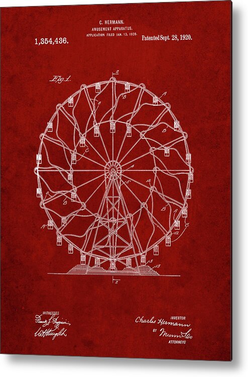 Pp615-burgundy Ferris Wheel 1920 Patent Poster Metal Print featuring the digital art Pp615-burgundy Ferris Wheel 1920 Patent Poster by Cole Borders