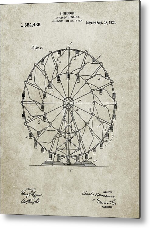 Pp615-sandstone Ferris Wheel 1920 Patent Poster Metal Print featuring the digital art Pp615-sandstone Ferris Wheel 1920 Patent Poster by Cole Borders
