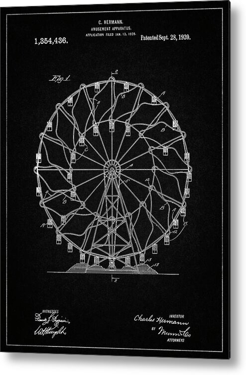Pp615-vintage Black Ferris Wheel 1920 Patent Poster Metal Print featuring the digital art Pp615-vintage Black Ferris Wheel 1920 Patent Poster by Cole Borders
