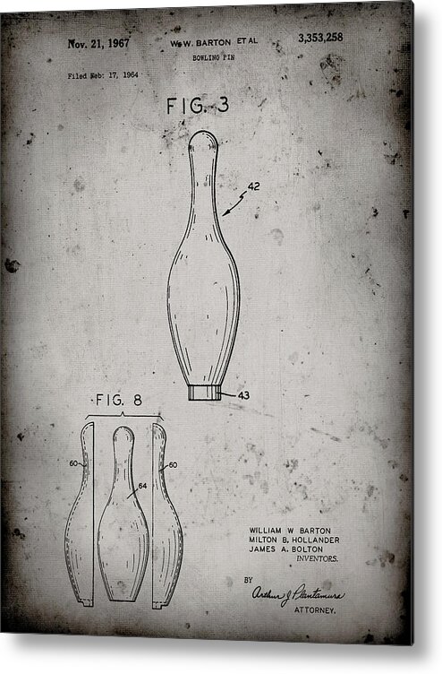 Pp641-faded Grey Bowling Pin 1967 Patent Poster Metal Print featuring the digital art Pp641-faded Grey Bowling Pin 1967 Patent Poster by Cole Borders